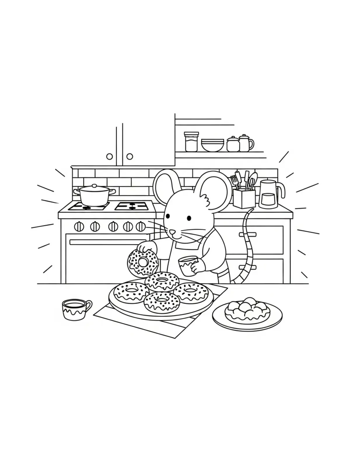 Mouse Making Donuts In A Cozy Coloring Page - free printable JPG featuring adorable mouse bakery scenes