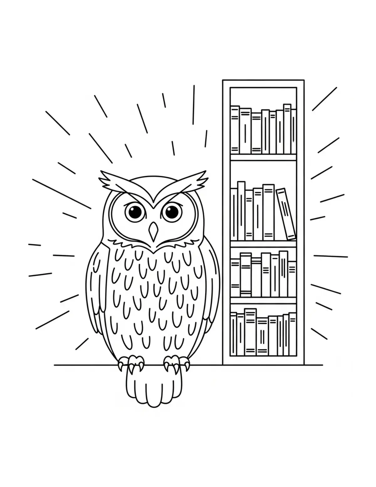 Owl Sitting Beside A Tall Book Coloring Page - free printable JPG featuring adorable owl reading scenes