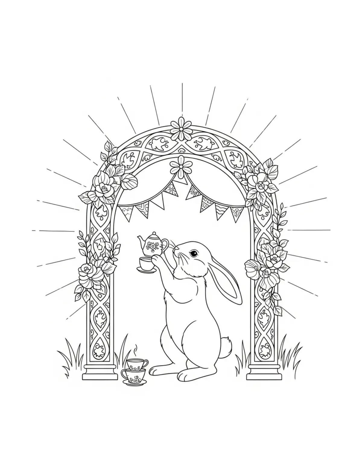 Rabbit Decorating A Tea Party Coloring Page - free printable JPG featuring adorable rabbit