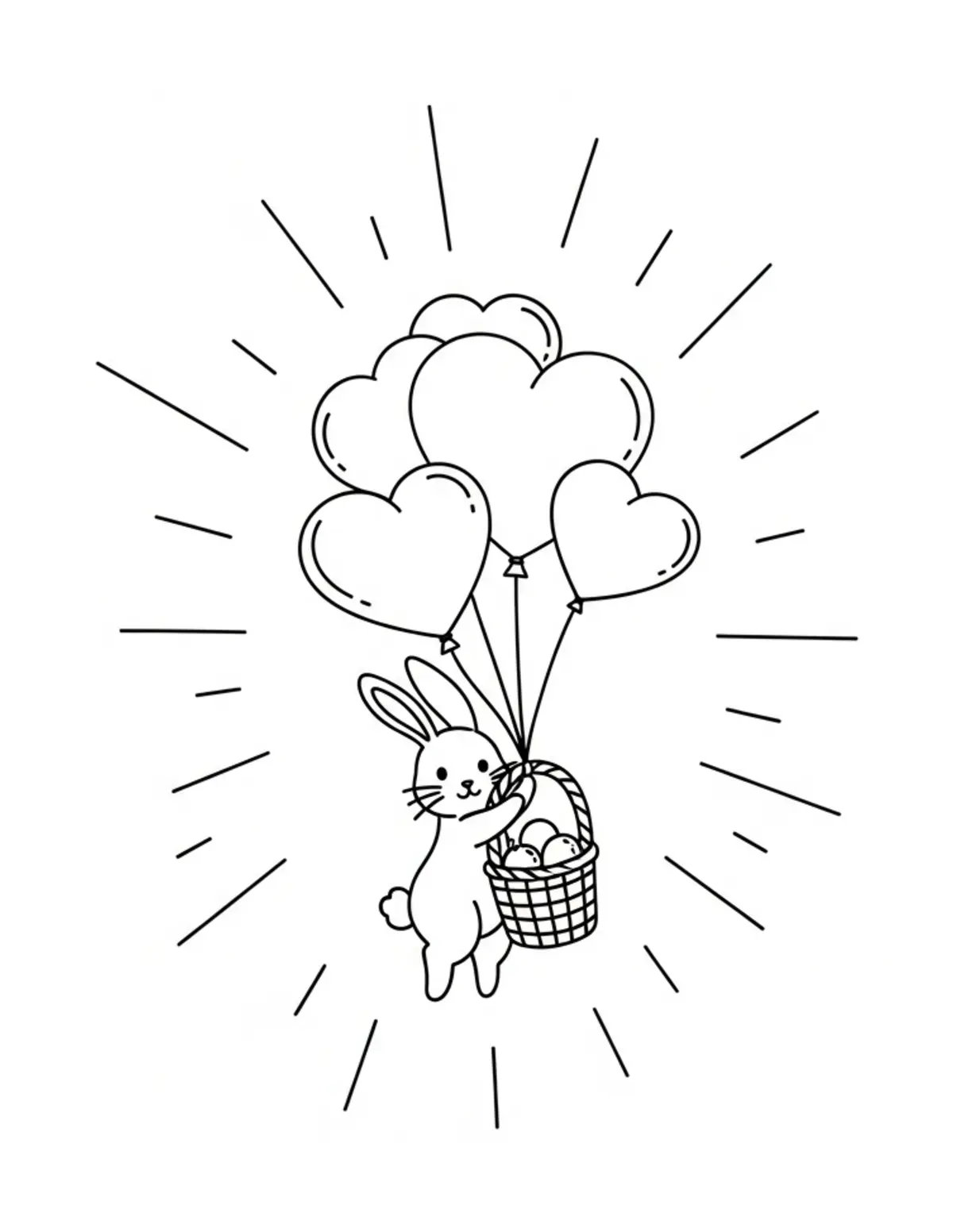 Free printable coloring page: tiny-bunny-flying-a-heart-ball coloring page. Cute and cozy design for kids and adults to download and print.