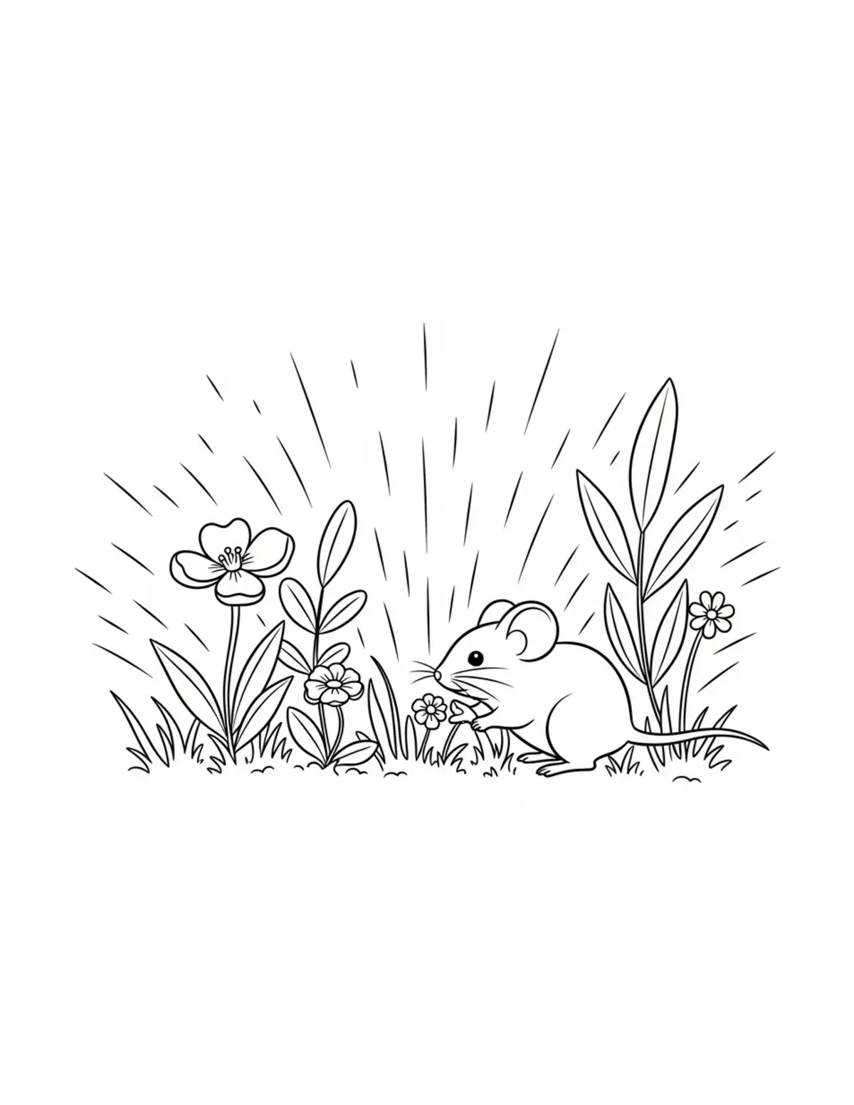 Free printable coloring page: tiny-mouse-exploring-a-fairy-g coloring page. Cute and cozy design for kids and adults to download and print.