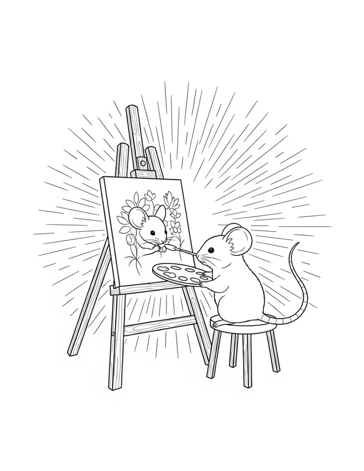 Free printable coloring page: tiny-mouse-painting-in-an-art coloring page. Cute and cozy design for kids and adults to download and print.