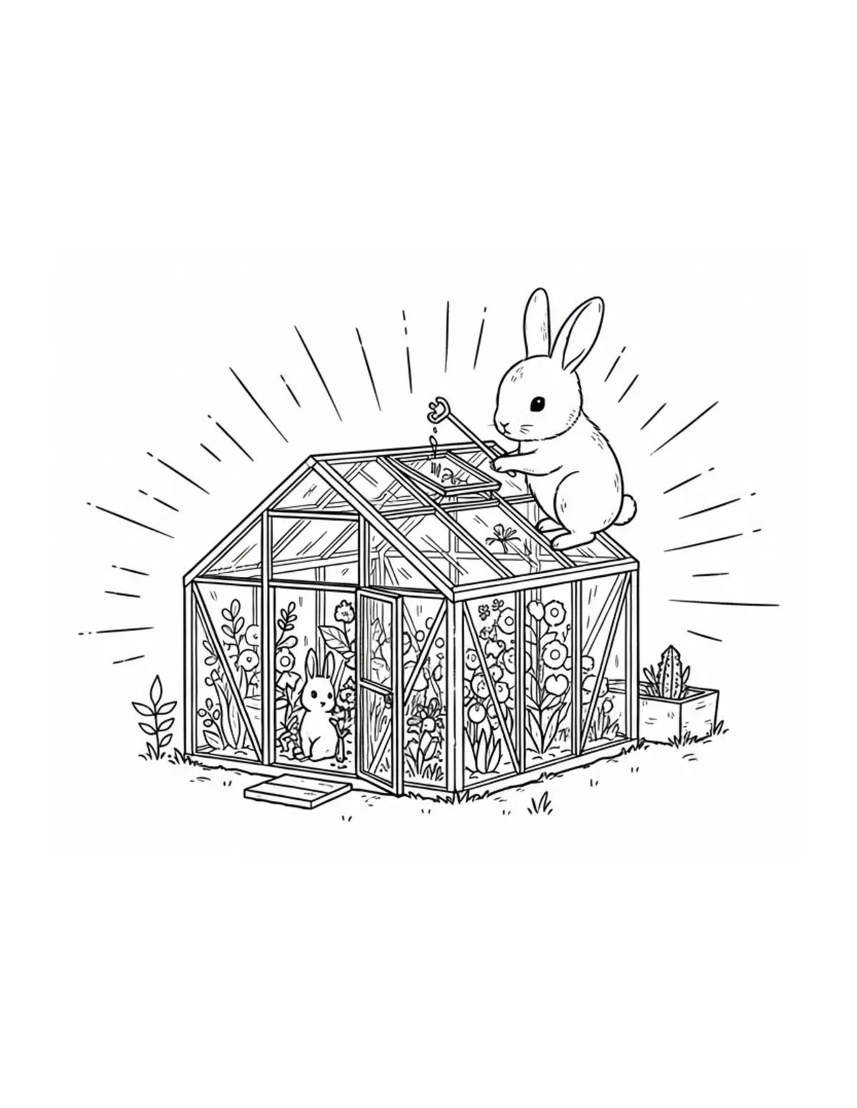 Tiny Bunny Constructing a Mini Windmill coloring page - free printable JPG featuring adorable woodland animals