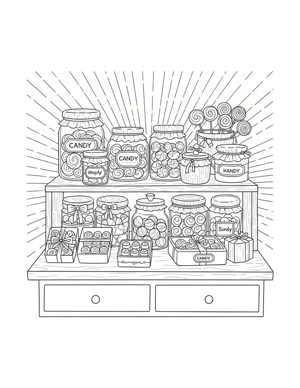 Tiny Candy Counter Filled With Coloring Page - free printable JPG featuring adorable tiny animal village scene