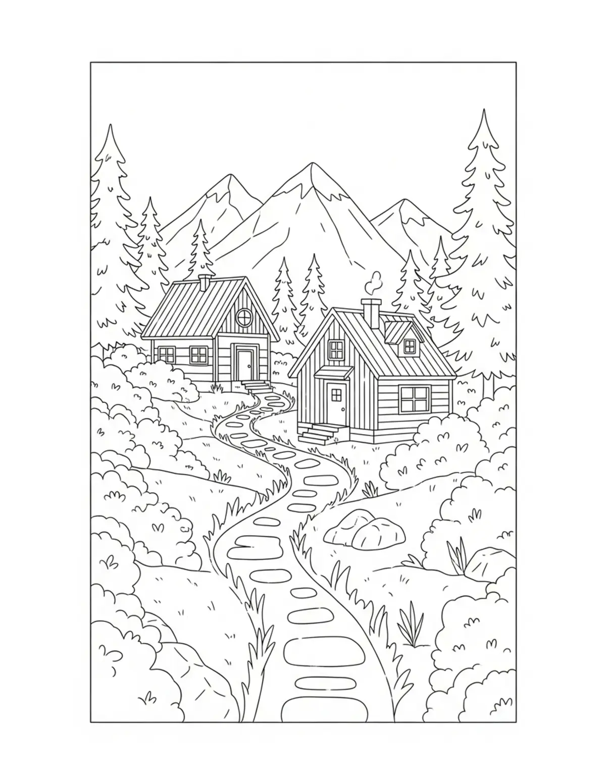 Tiny Forest Pathway Connecting Coloring Page - free printable JPG featuring adorable tiny animal village scene