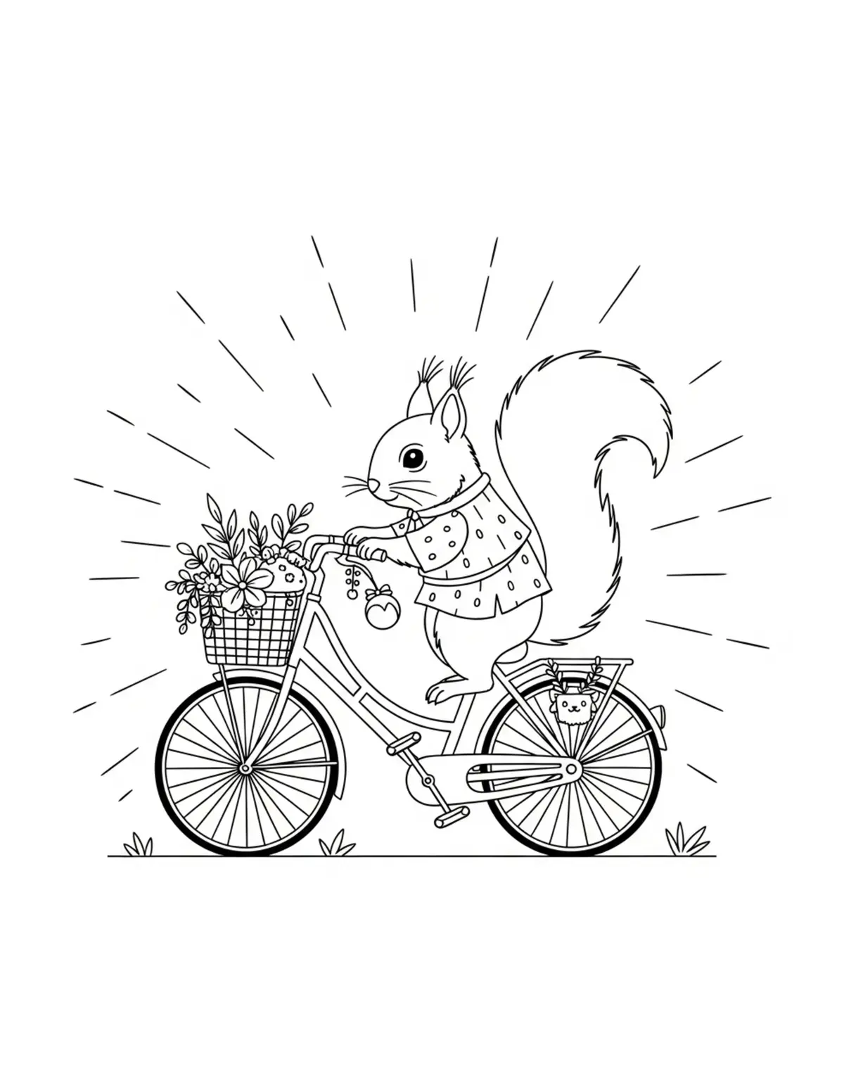 Free printable coloring page: tiny squirrel decorating bicyc coloring page. Cute and cozy tiny animal design for kids and adults to download and print.