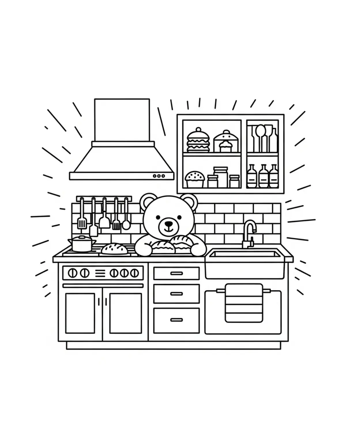 Free printable coloring page: bear-bakery-kitchen coloring page. Cute and cozy design for kids and adults to download and print.
