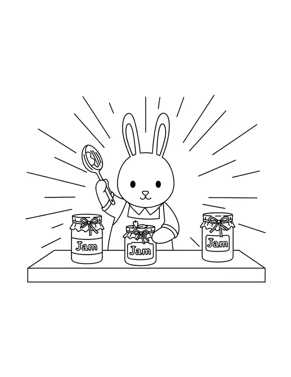 Free printable coloring page: bunny jam making kitchen coloring page. Cute and cozy design for kids and adults to download and print.