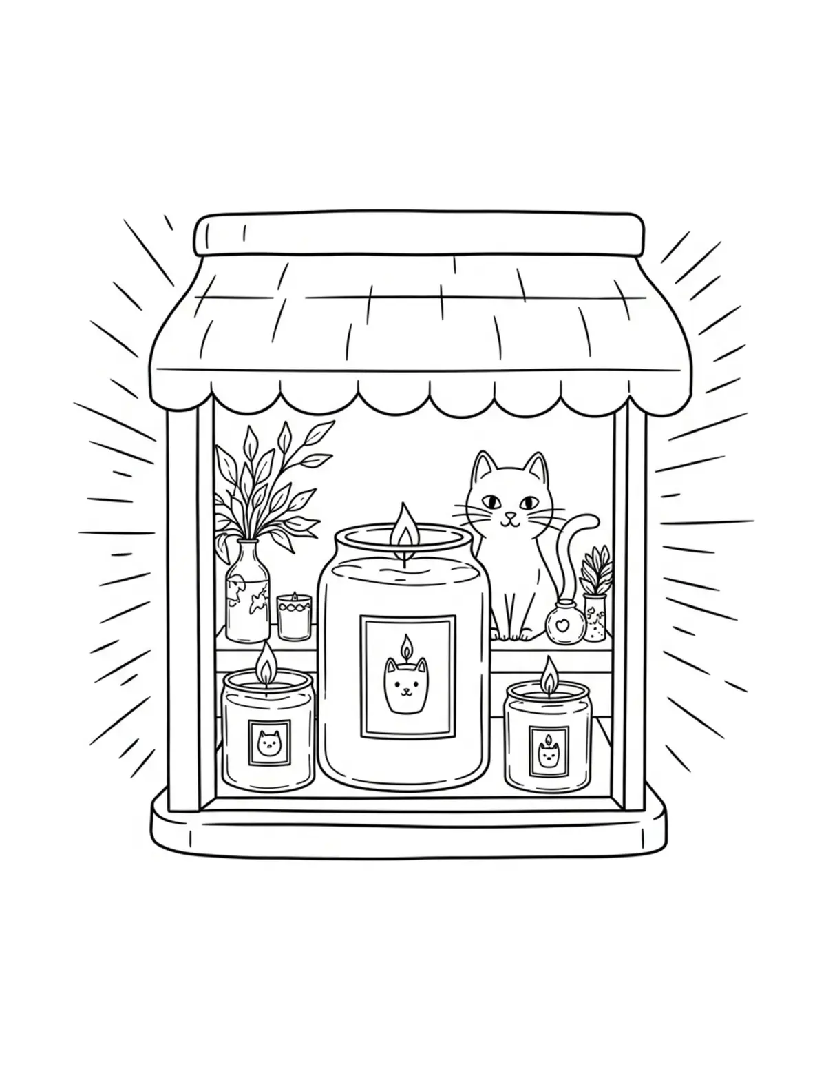 Cat Candle Shop — free printable cozy coloring coloring page for kids and adults