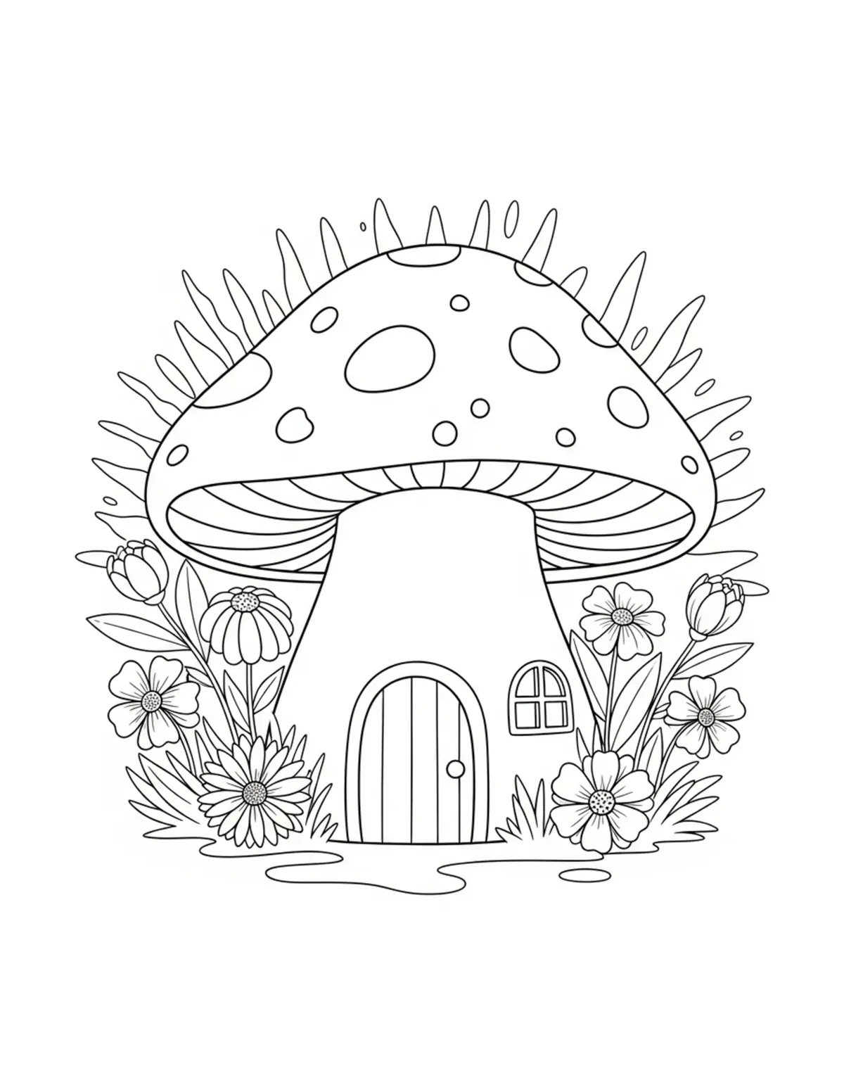 Free printable coloring page: mushroom house sur coloring page. Cute and cozy design for kids and adults to download and print.