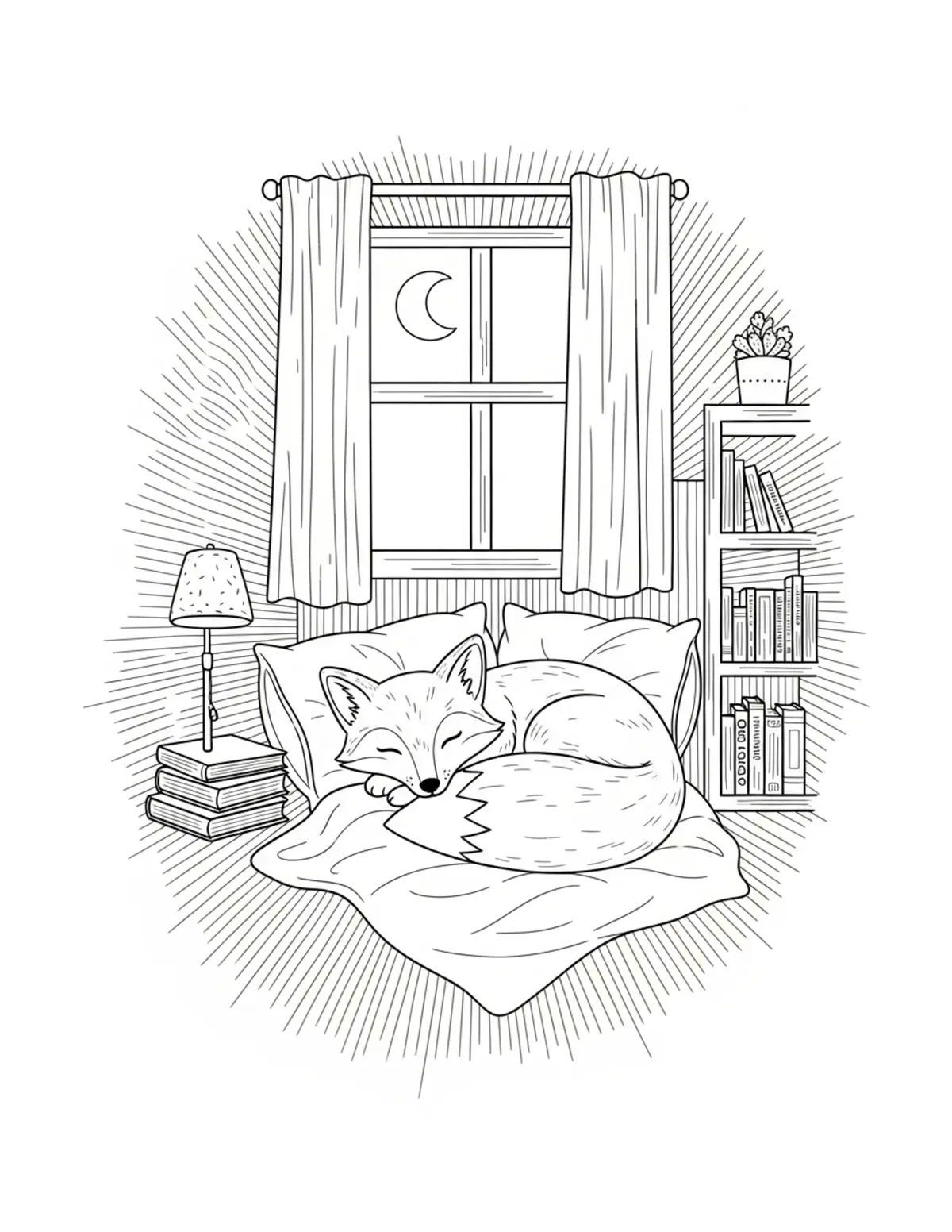 Free printable coloring page: cute fox resting in cozy bedro coloring page. Cute and cozy animal design for kids and adults to download and print.