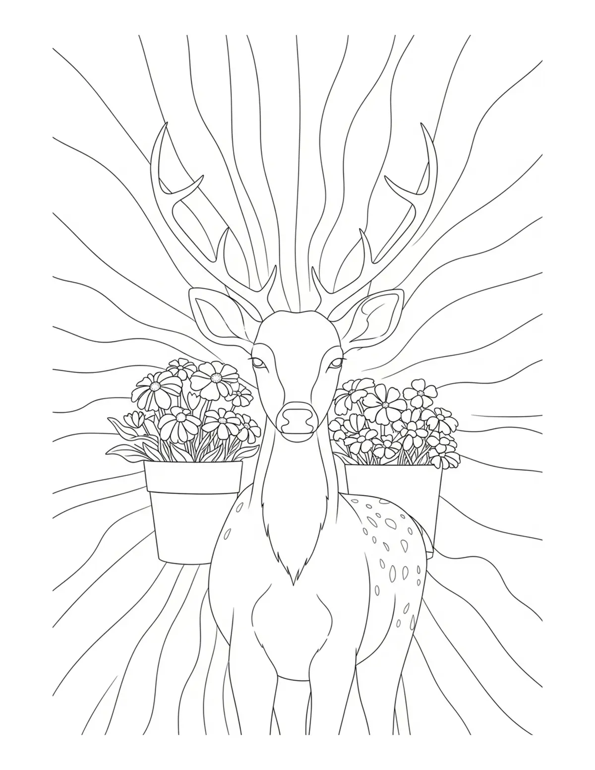 Free printable coloring page: deer flower market coloring page. Cute and cozy deer cottage design for kids and adults to download and print.