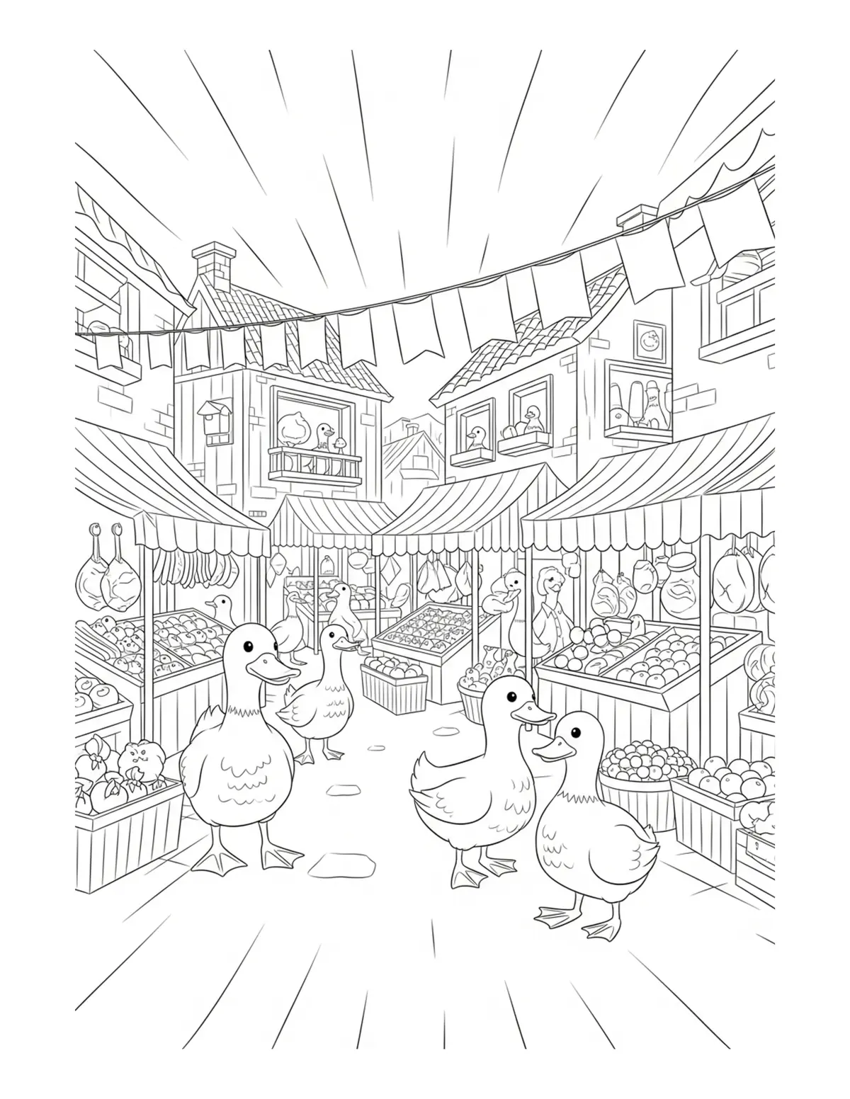 Duck Village Market Scene Coloring Page - free printable JPG featuring adorable duck scenes