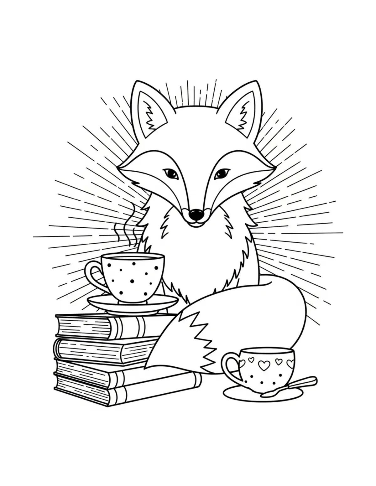 Free printable coloring page: fox tea and books scene coloring page. Cute and cozy bookstore and reading design for kids and adults to download and print.