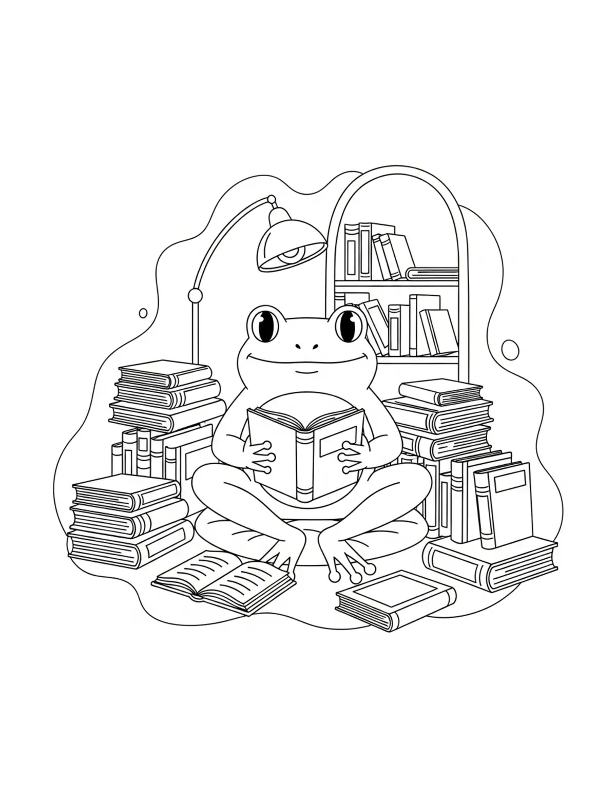 Free printable coloring page: frog reading corner with books coloring page. Cute and cozy design for kids and adults to download and print.