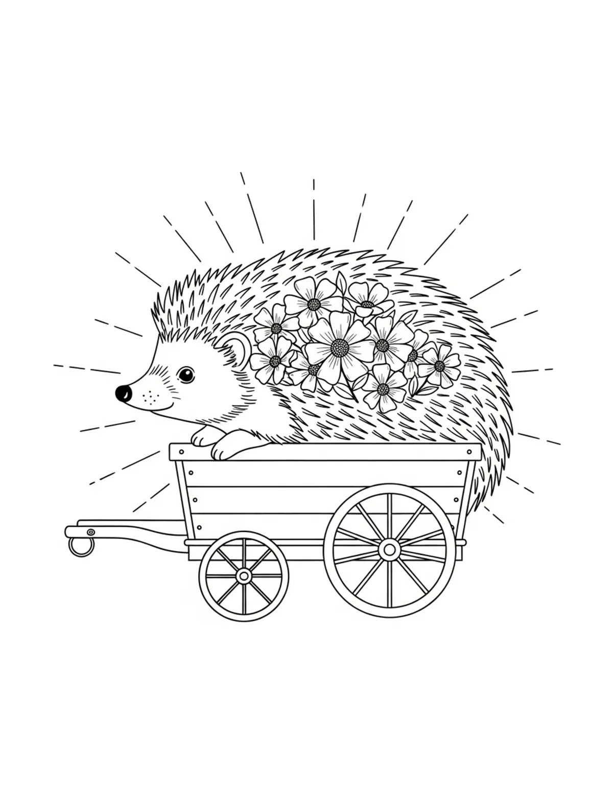 Free printable coloring page: hedgehog flower cart coloring page. Cute and cozy hedgehog garden design for kids and adults to download and print.