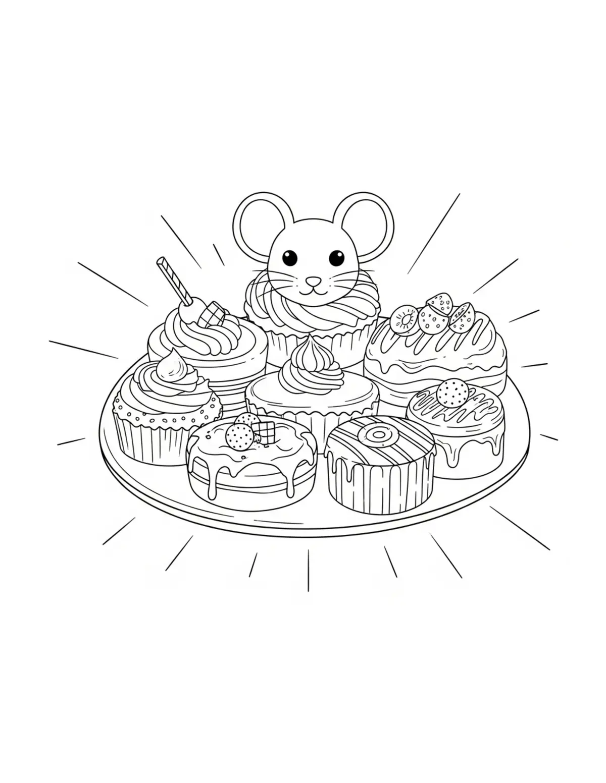 Free printable coloring page: mouse pastry display coloring page. Cute and cozy mouse tea party design for kids and adults to download and print.