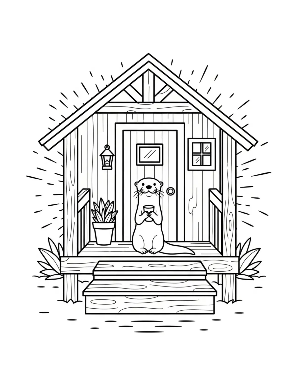 Otter Cottage Porch Scene coloring page - free printable JPG featuring adorable otters