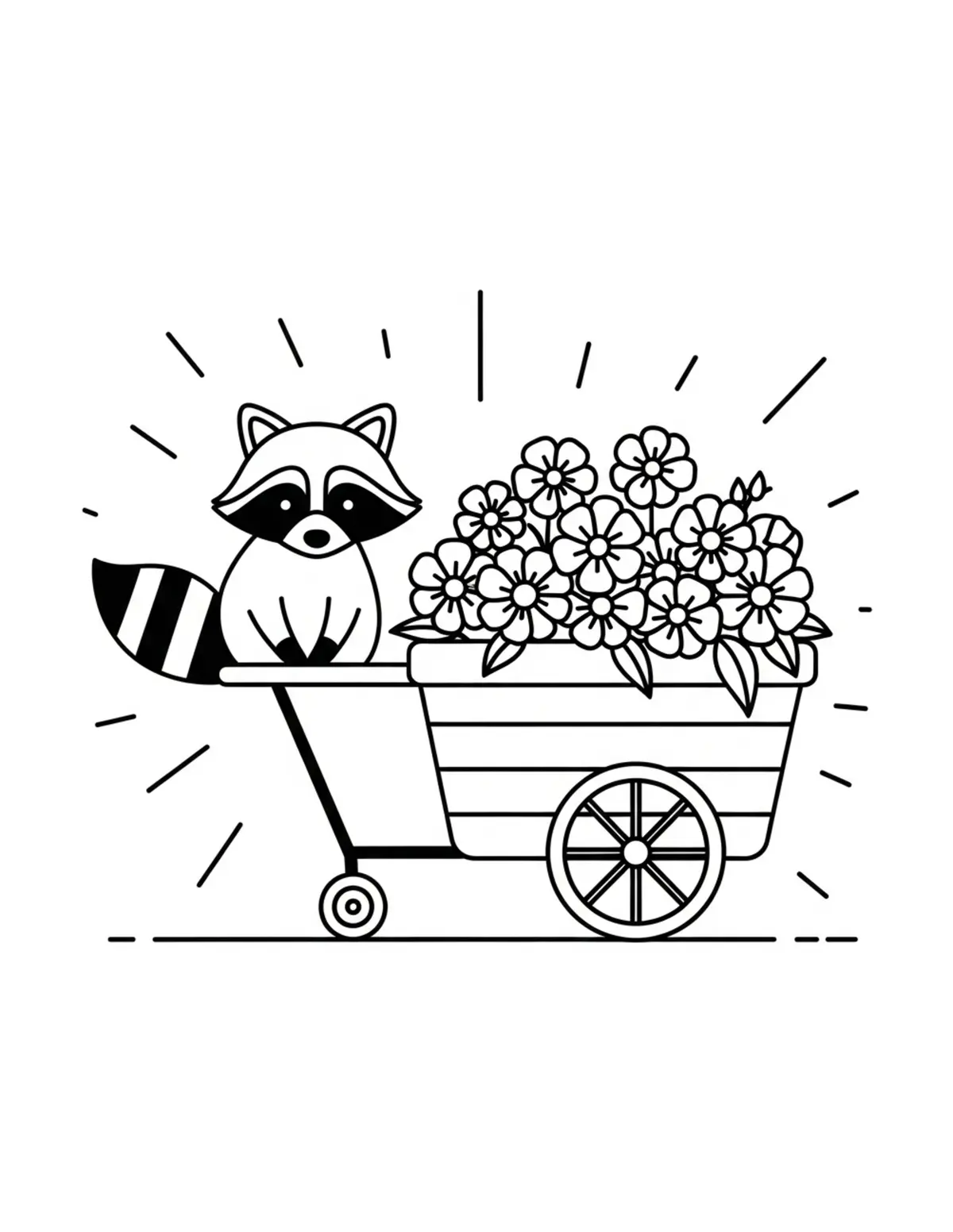 Raccoon Flower Cart coloring page - free printable JPG featuring adorable raccoons at a market
