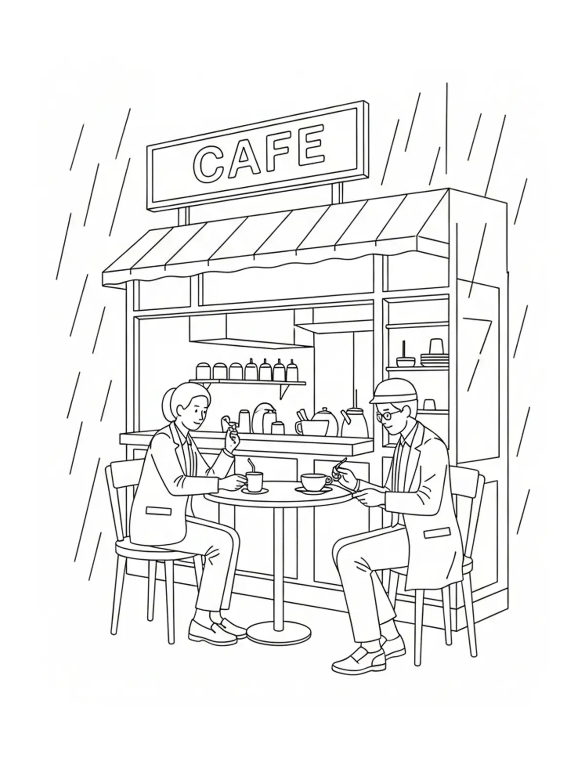 Free printable coloring page: rainy-day-cafe coloring page. Cute and cozy design for kids and adults to download and print.
