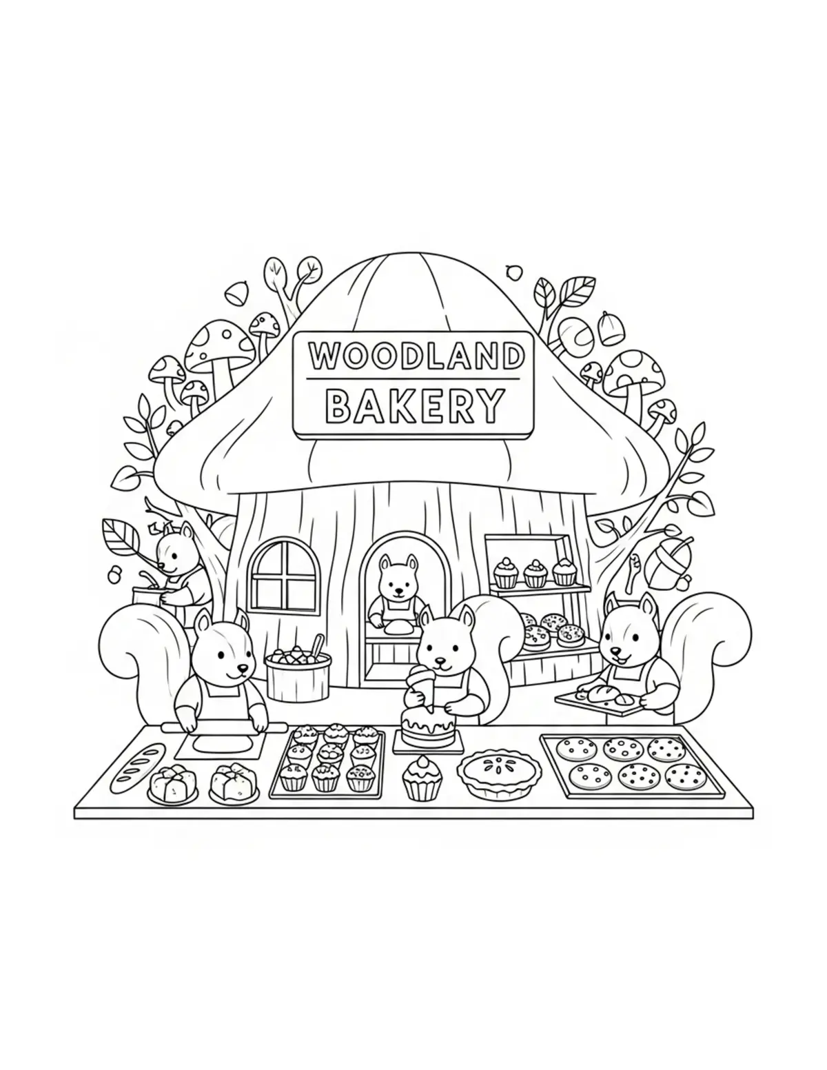 Squirrel Woodland Bakery coloring page - free printable JPG featuring adorable squirrels in a woodland scene