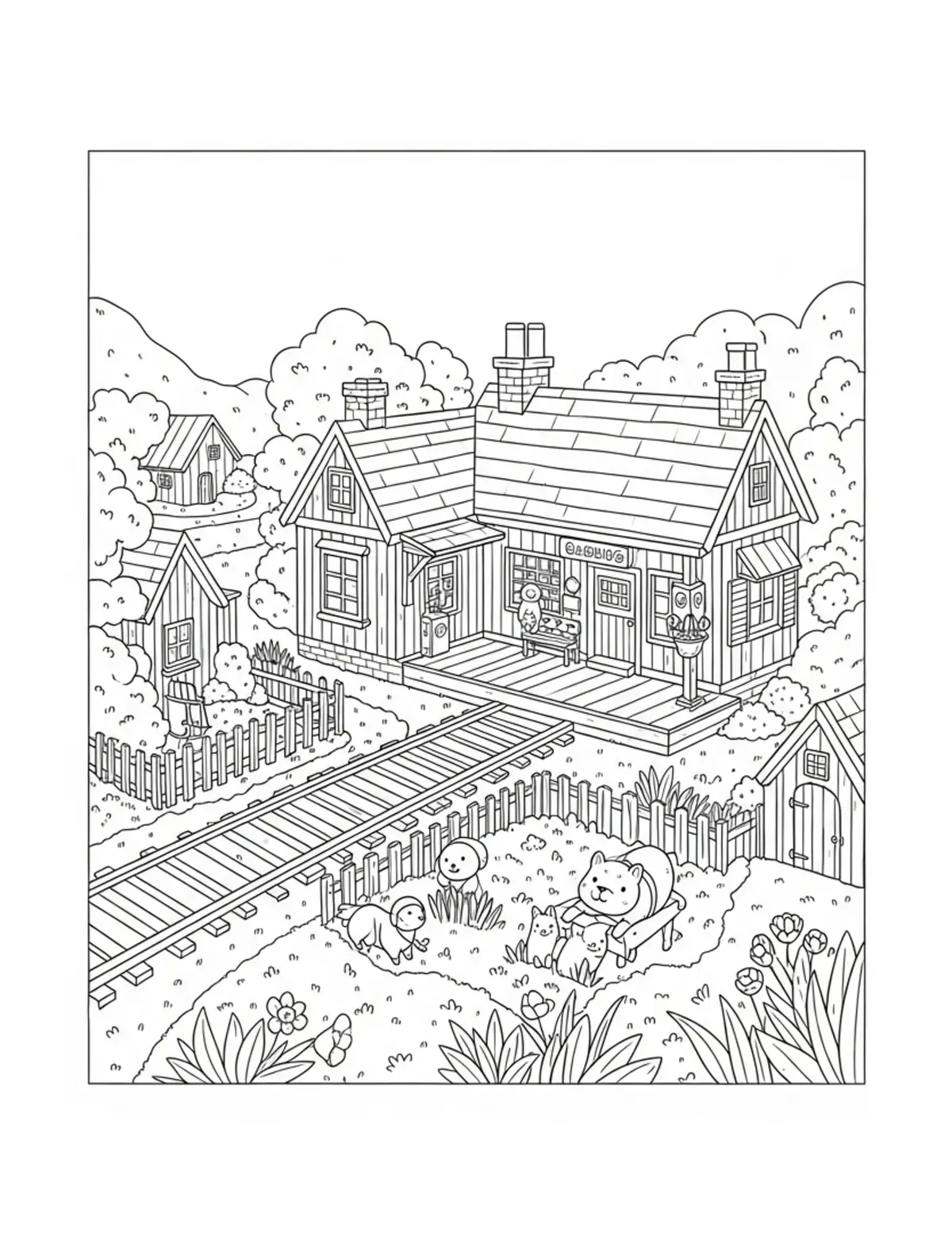 Bird S Eye View Of A Tiny Cozy Coloring Page - free printable JPG featuring adorable tiny animal village scene