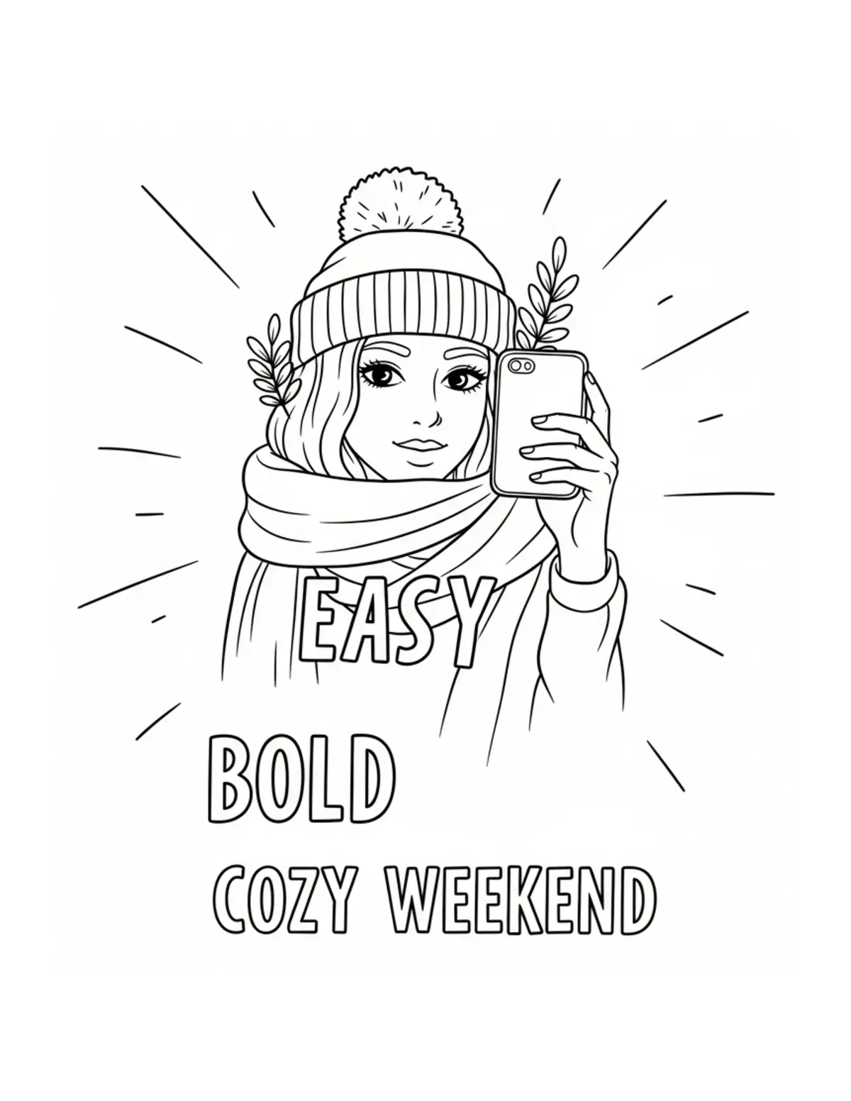 Free printable coloring page: bold-easy-cozy-weekend coloring page. Cute and cozy design for kids and adults to download and print.