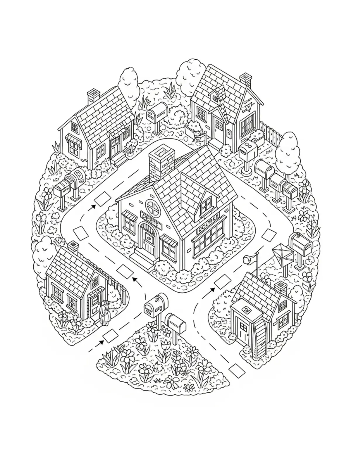 Charming Bird S Eye View Of A  Coloring Page - free printable JPG featuring adorable tiny animal village scene