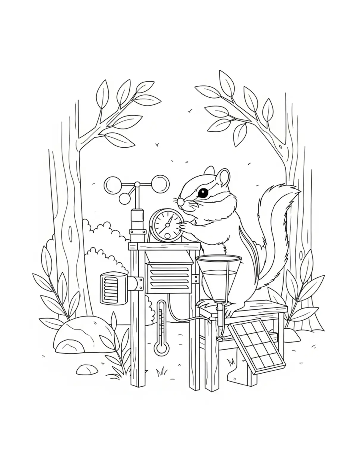 Chipmunk Building a Forest Wea Coloring Page - free printable JPG featuring adorable woodland animals