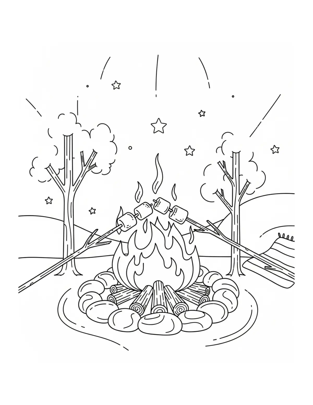 Free printable coloring page: cozy campfire marshmallow night coloring page. Cute and cozy summer design for kids and adults to download and print.