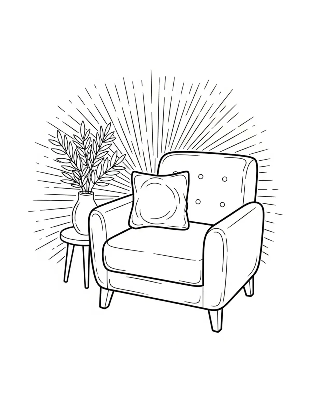 Free printable coloring page: cozy peaceful corner retreat coloring page. Cute and cozy design for kids and adults to download and print.