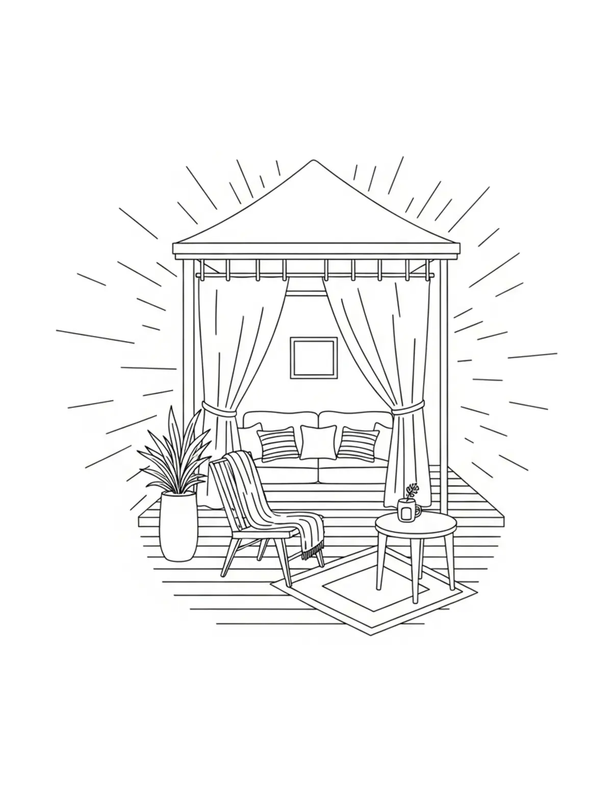 Free printable coloring page: cozy summer weekend retreat coloring page. Cute and cozy summer design for kids and adults to download and print.
