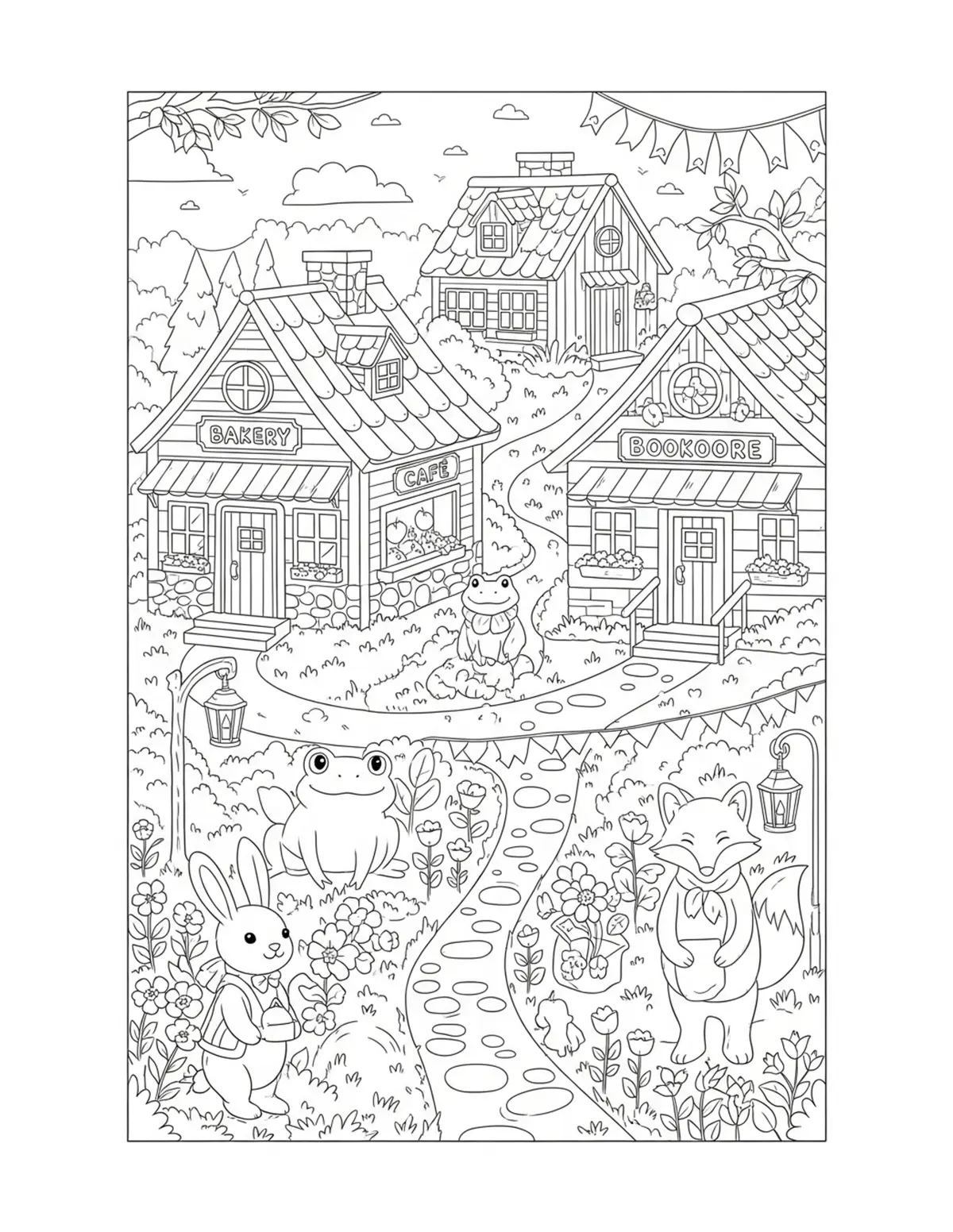 Cute Animal Fantasy Village Co — free printable cozy coloring coloring page for kids and adults