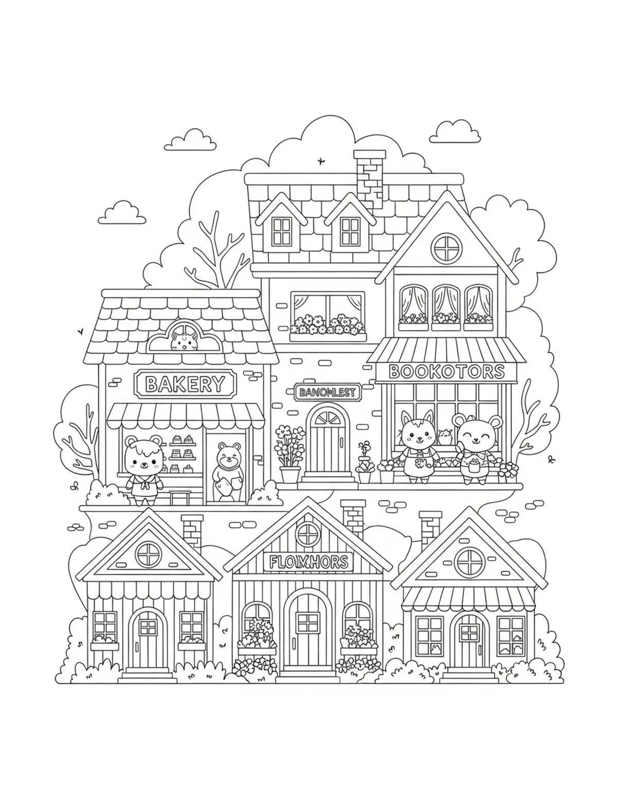 Tiny Village Community Coloring Pages: Market Day, Post Office & Train Station