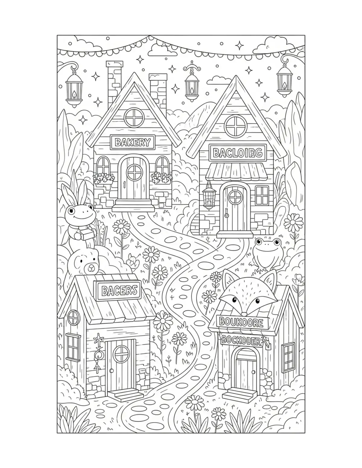 Cute Animal Village — free printable cozy coloring coloring page for kids and adults