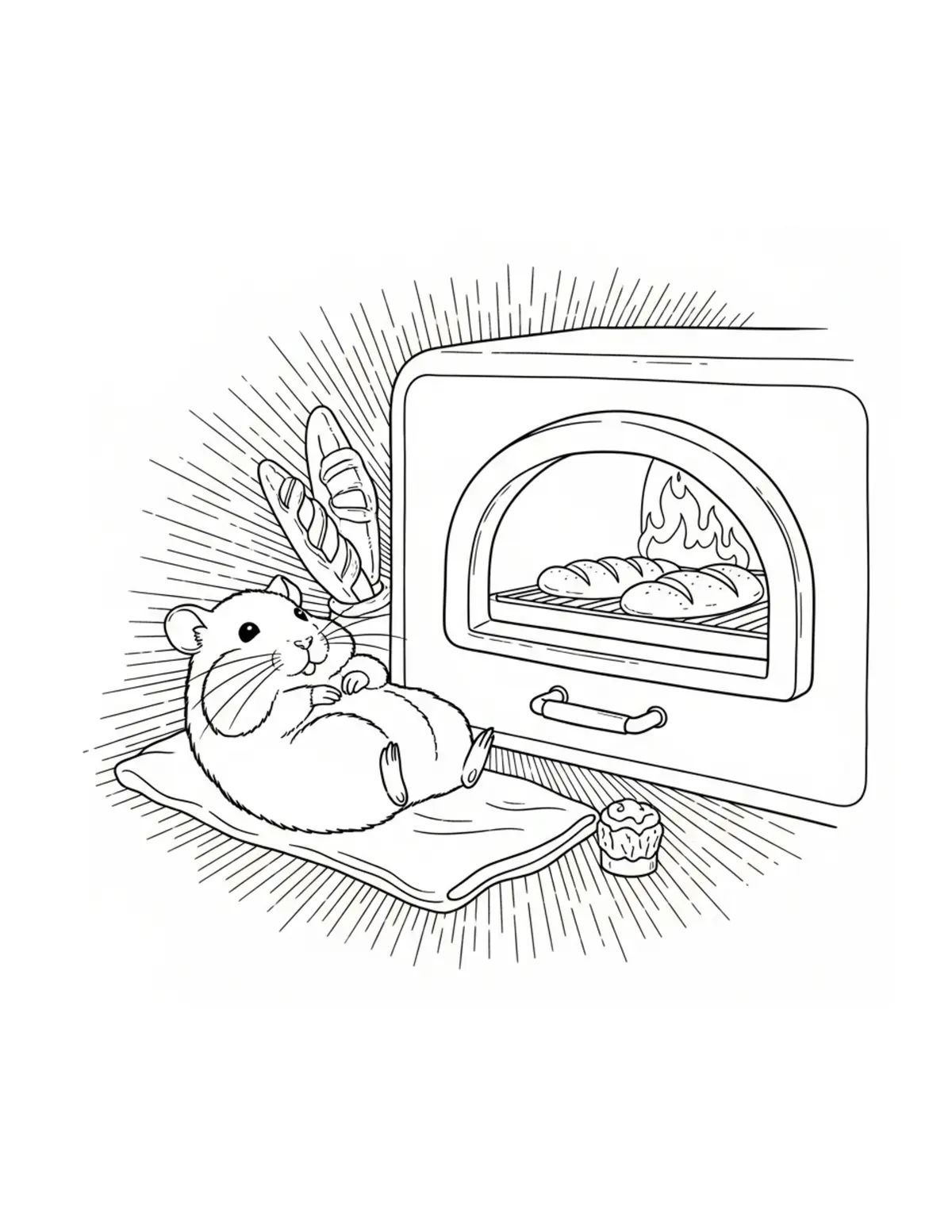 Hamster Relaxing Beside A Warm Coloring Page - free printable JPG featuring adorable hamster baking