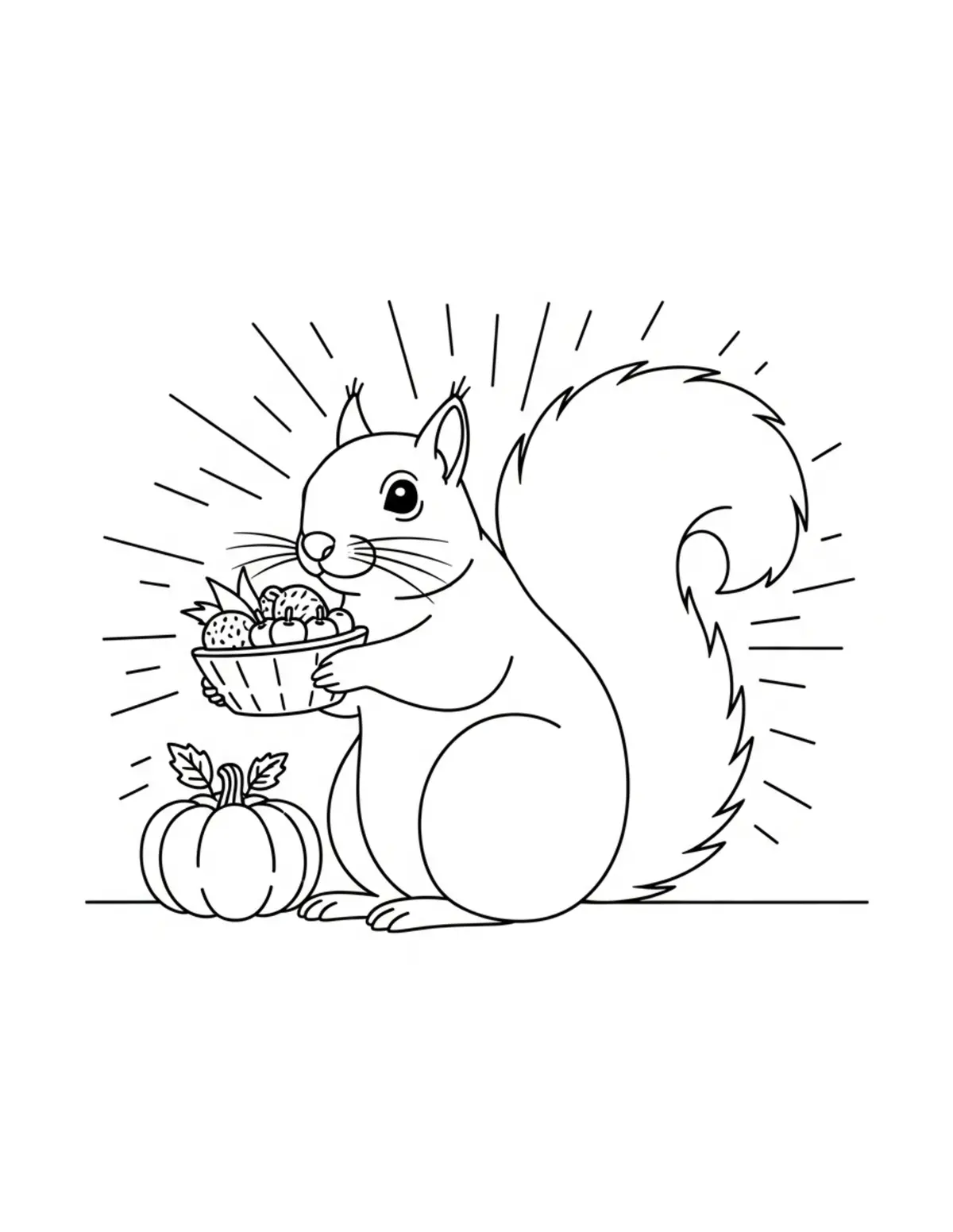 Free printable coloring page: harvest squirrel farm market coloring page. Cute and cozy design for kids and adults to download and print.