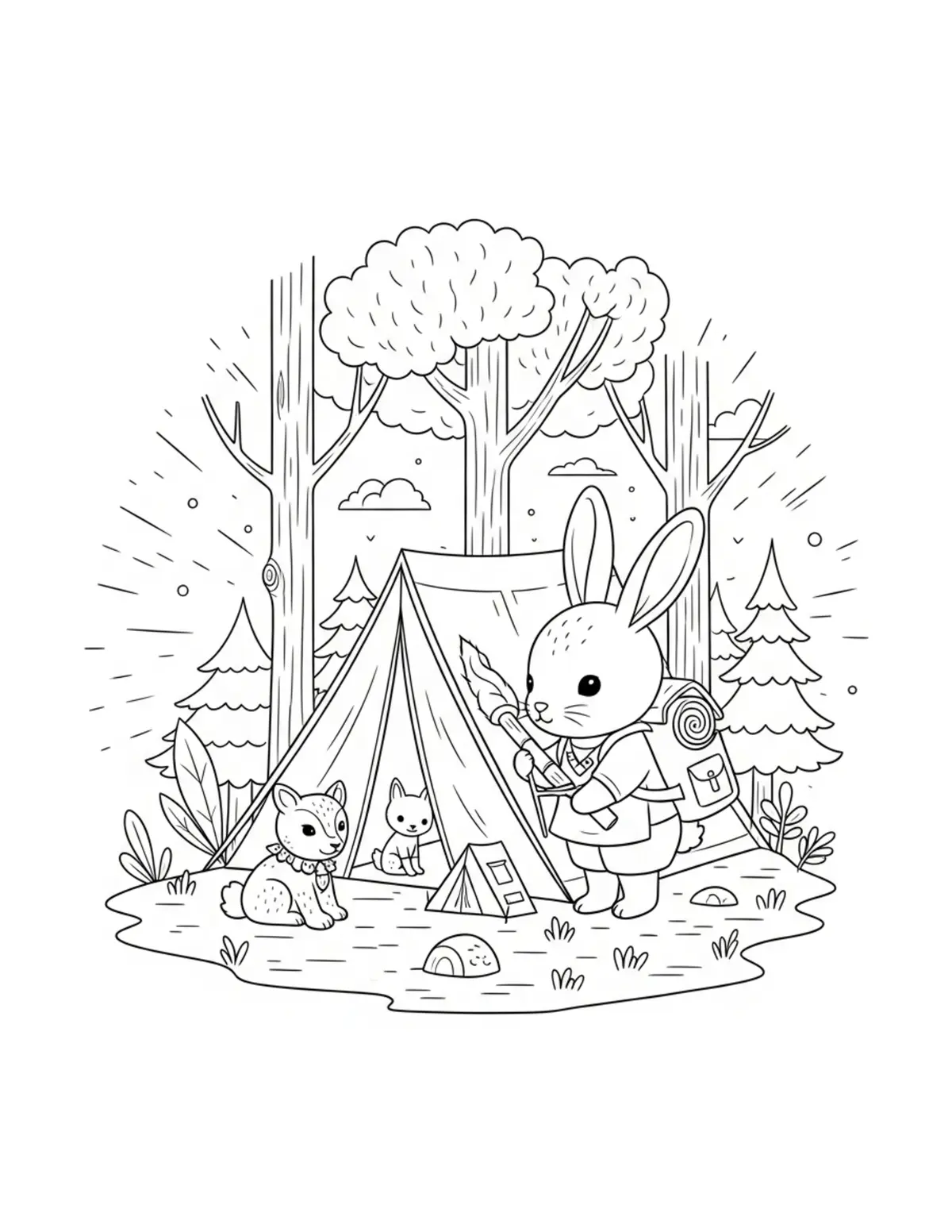 Little Bunny Preparing a Forest Feast coloring page - free printable JPG featuring adorable woodland animals