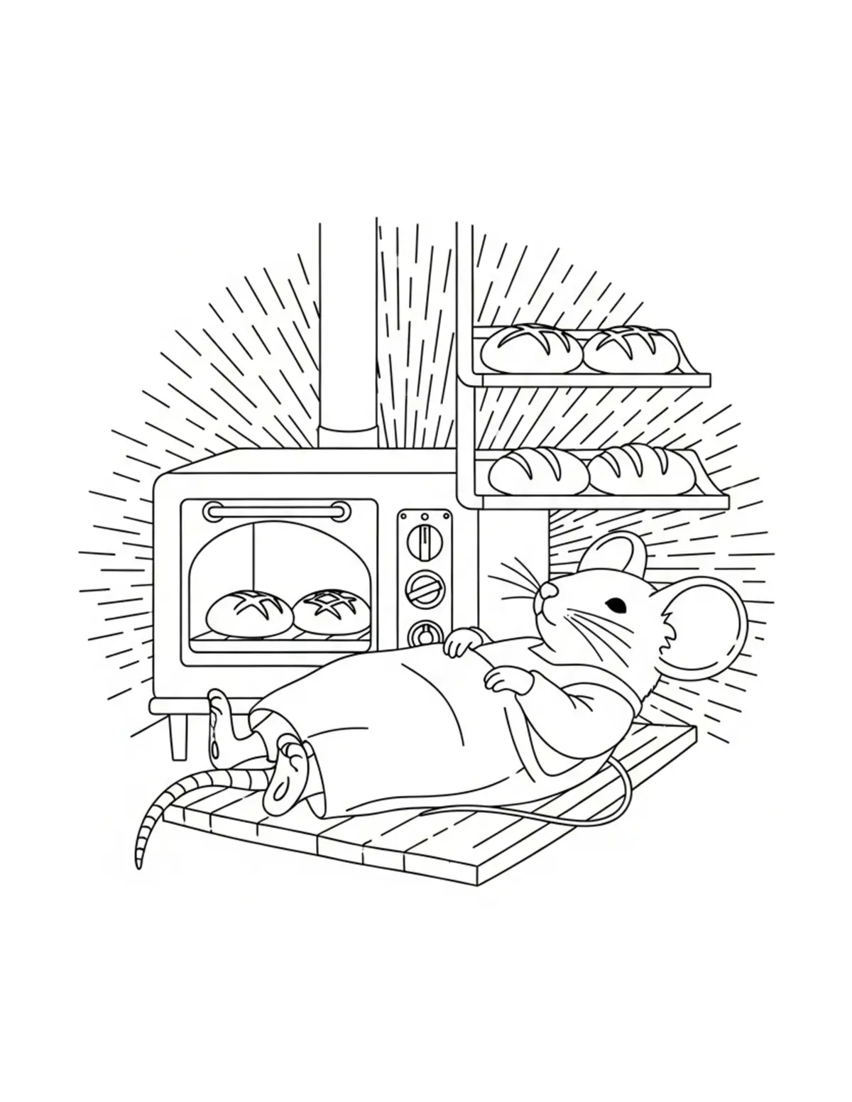 Mouse Relaxing Beside A Bakery Coloring Page - free printable JPG featuring adorable mouse bakery scenes