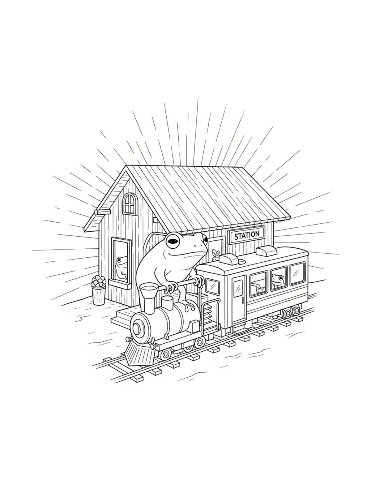 Free printable coloring page: tiny-frog-operating-a-tiny-for coloring page. Cute and cozy design for kids and adults to download and print.
