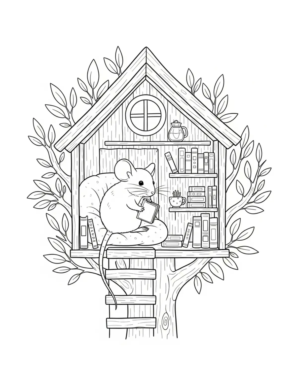 Free printable coloring page: tiny-mouse-living-in-a-cozy-tr coloring page. Cute and cozy design for kids and adults to download and print.