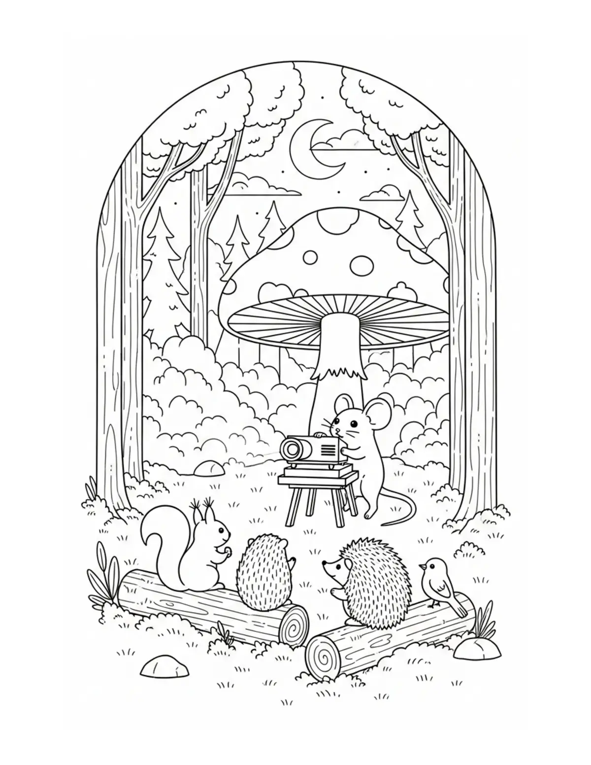 Free printable coloring page: tiny-mouse-running-a-tiny-fore coloring page. Cute and cozy design for kids and adults to download and print.
