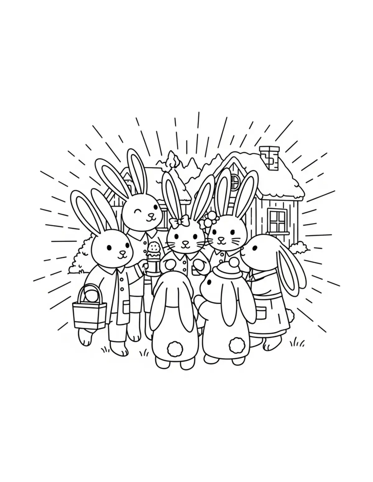 Free printable coloring page: all bunny friends celebrating coloring page. Cute and cozy design for kids and adults to download and print.