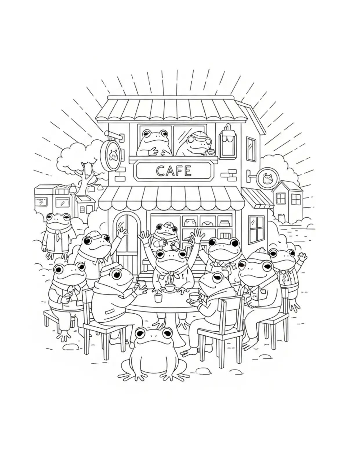 Free printable coloring page: all frogs celebrating together coloring page. Cute and cozy design for kids and adults to download and print.