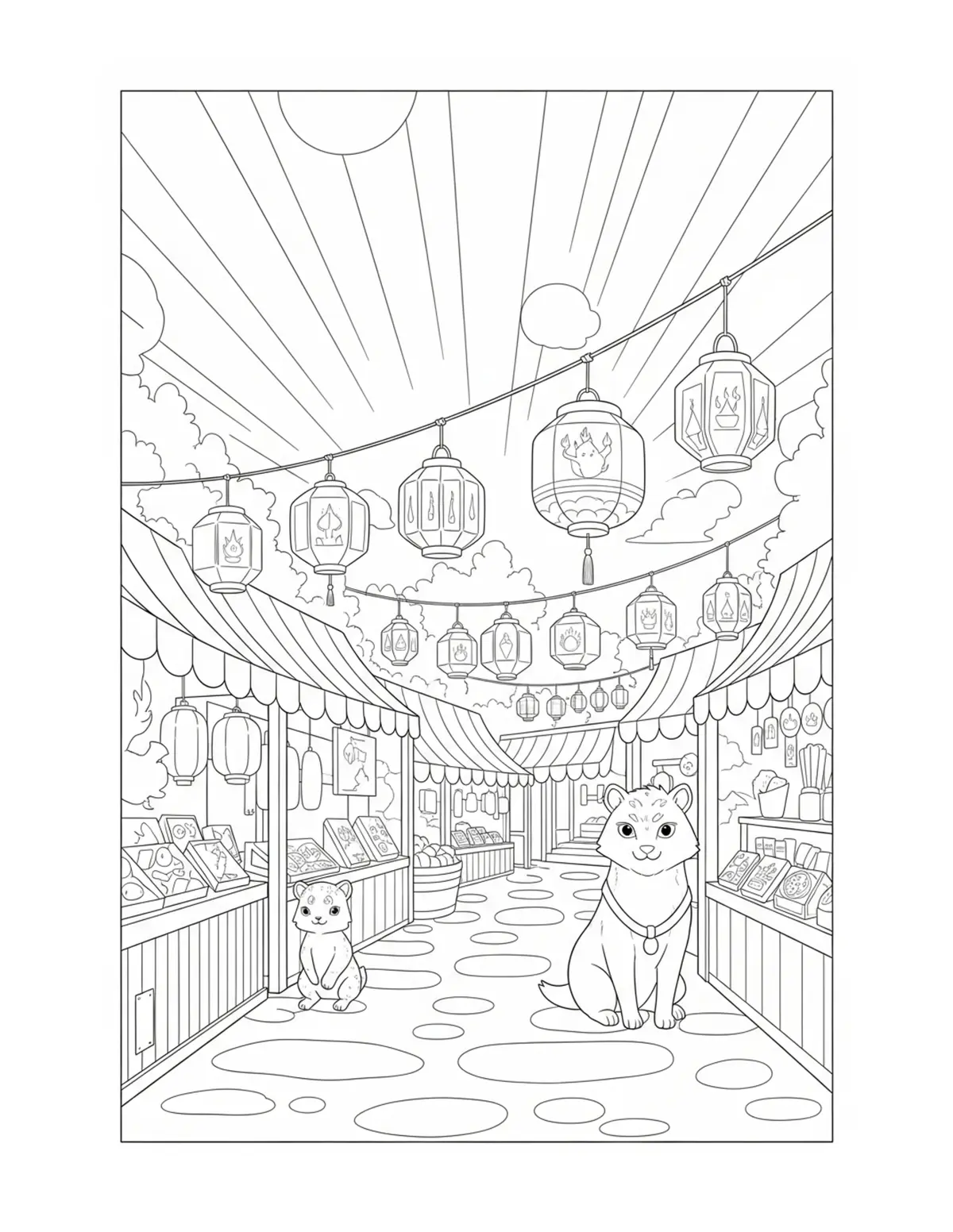 Free printable coloring page: animal market square coloring page. Cute and cozy design for kids and adults to download and print.