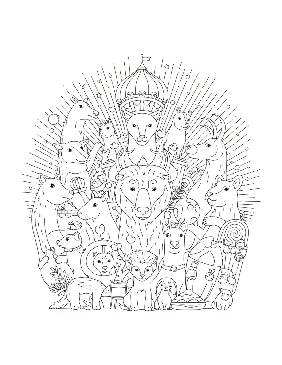 Free printable coloring page: grand-animal-celebration-scene coloring page. Cute and cozy design for kids and adults to download and print.