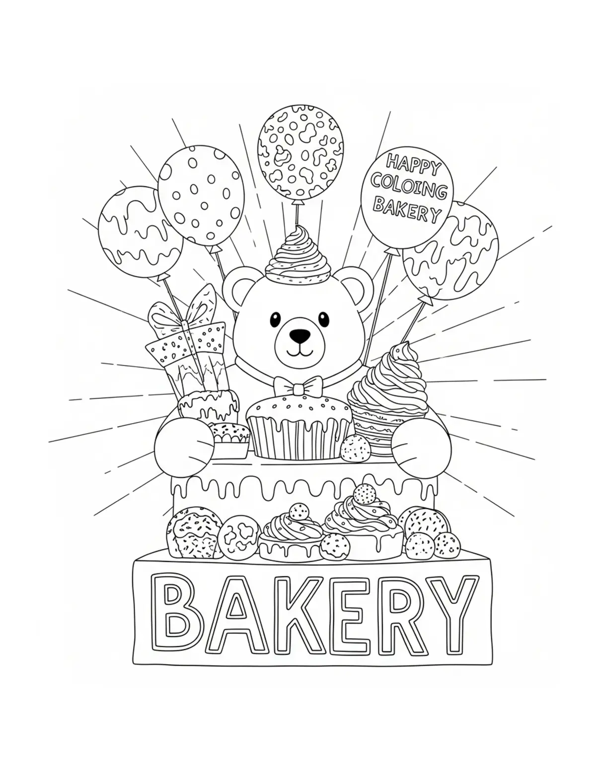 Free printable coloring page: grand-bear-bakery-celebration coloring page. Cute and cozy design for kids and adults to download and print.
