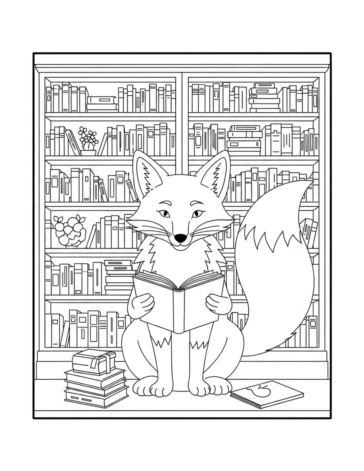 Free printable coloring page: grand fox library celebration coloring page. Cute and cozy bookstore and reading design for kids and adults to download and print.