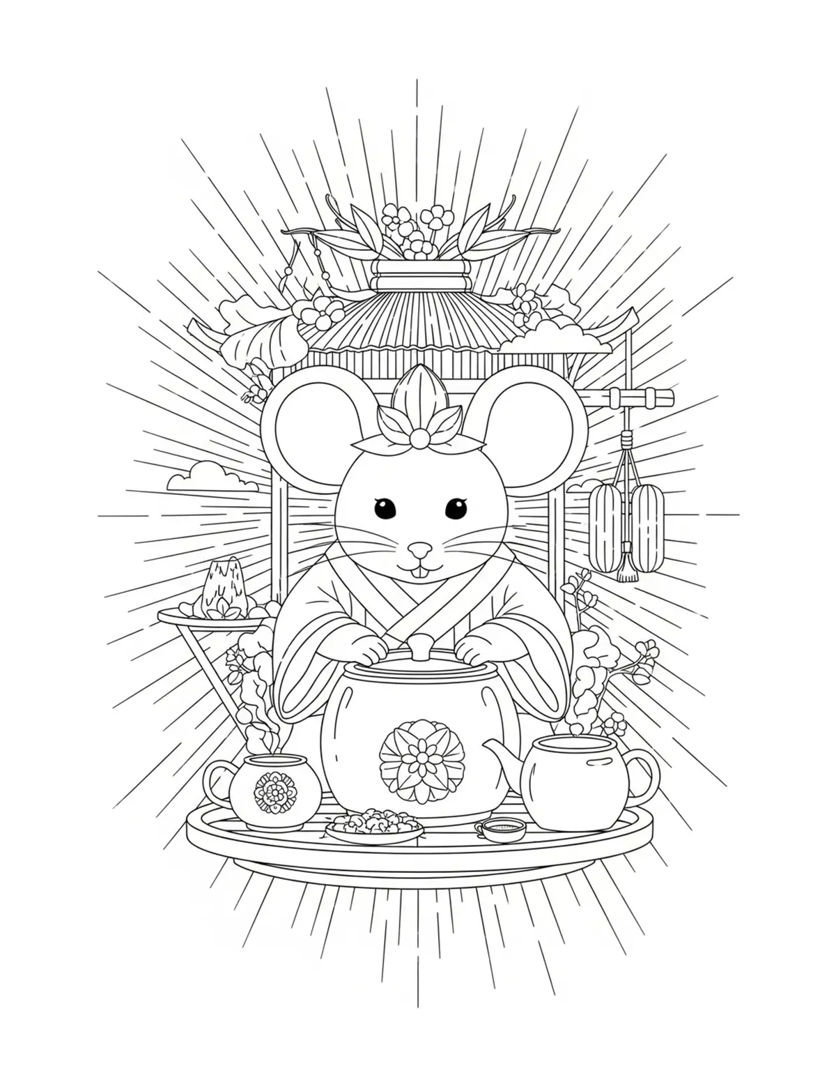Free printable coloring page: grand mouse tea festival scene coloring page. Cute and cozy mouse tea party design for kids and adults to download and print.