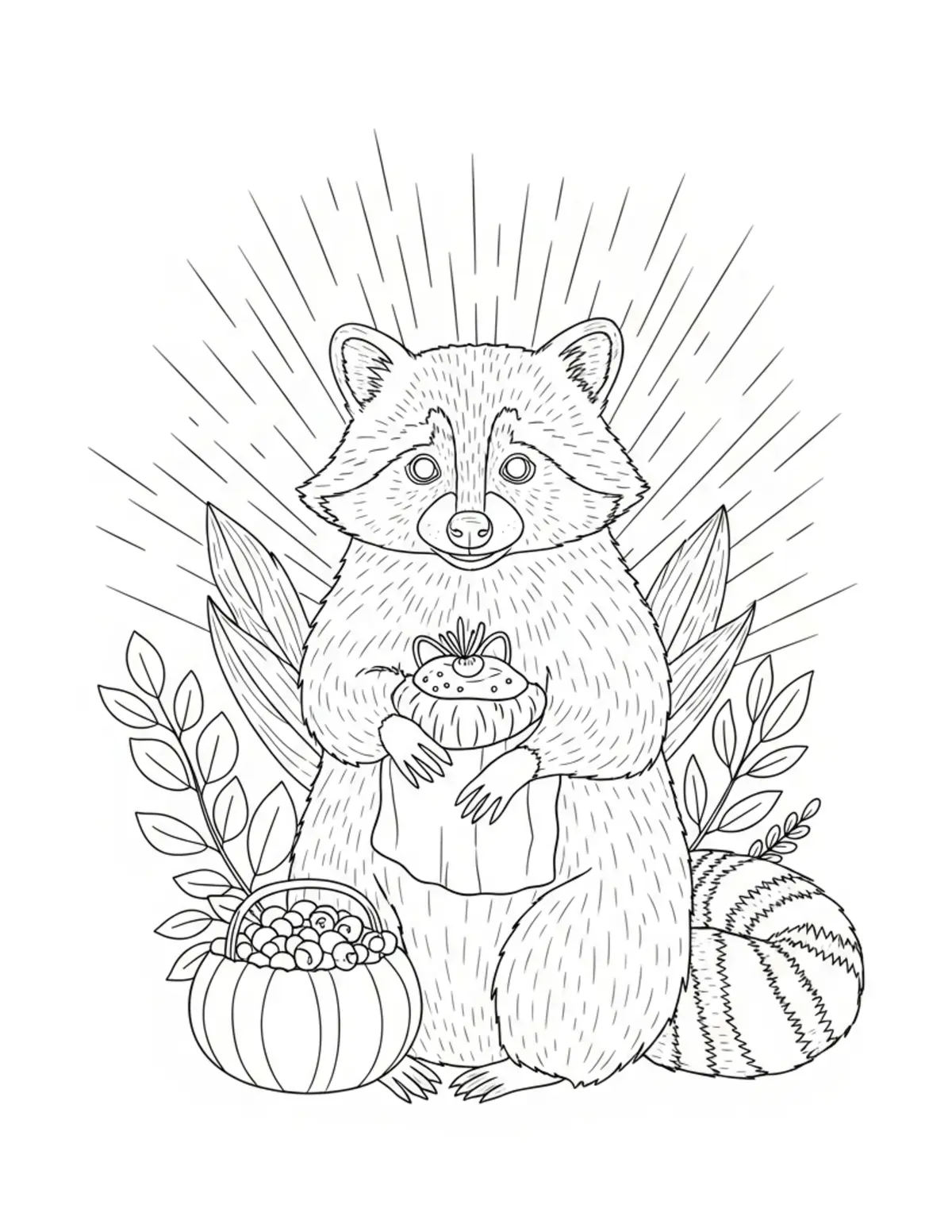 Grand Raccoon Harvest Festival coloring page - free printable JPG featuring adorable raccoons at a market